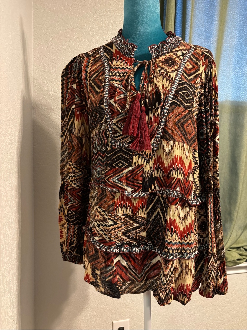 Tru Luxe Jeans Red and Brown Boho Tassel Tie Printed Blouse